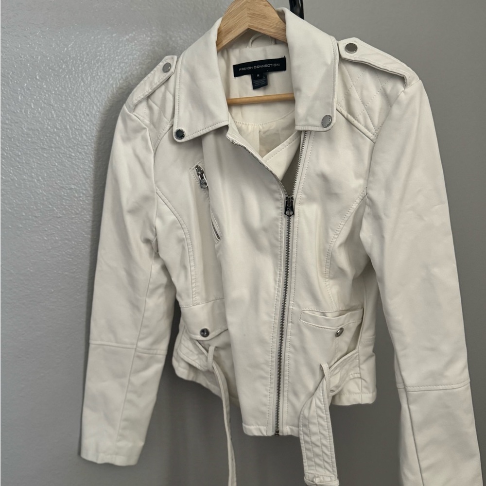Andrew Marc White Leather Moto Jacket with Asymmetrical Zip